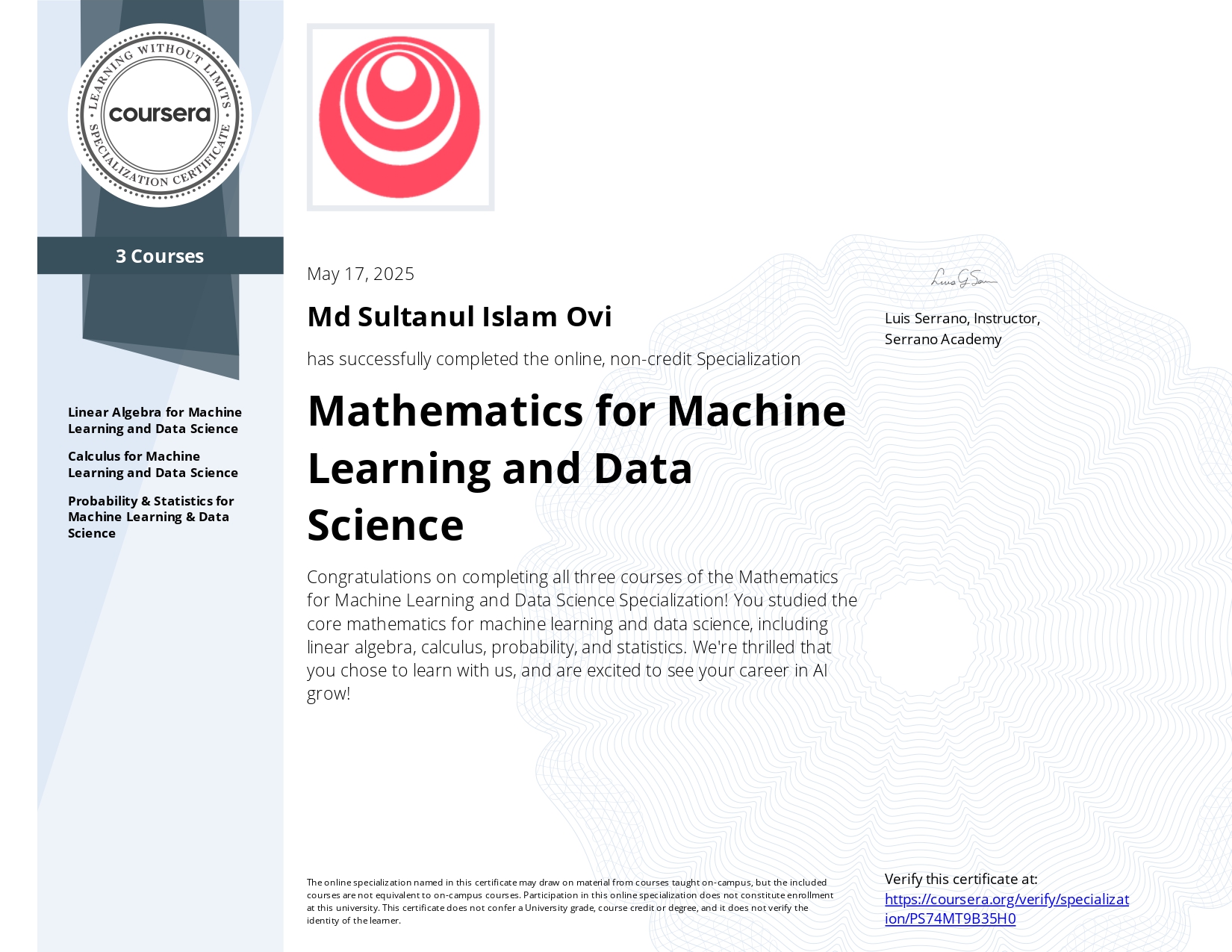 Mathematics for ML Certificate