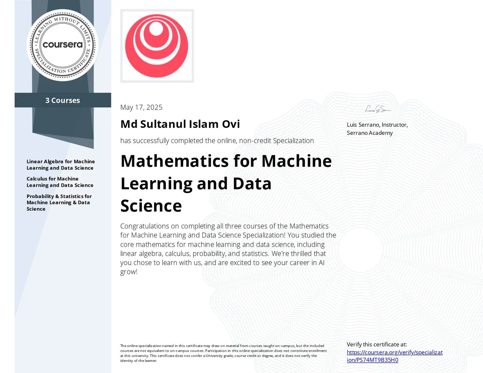 Mathematics for Machine Learning and Data Science Specialization certificate