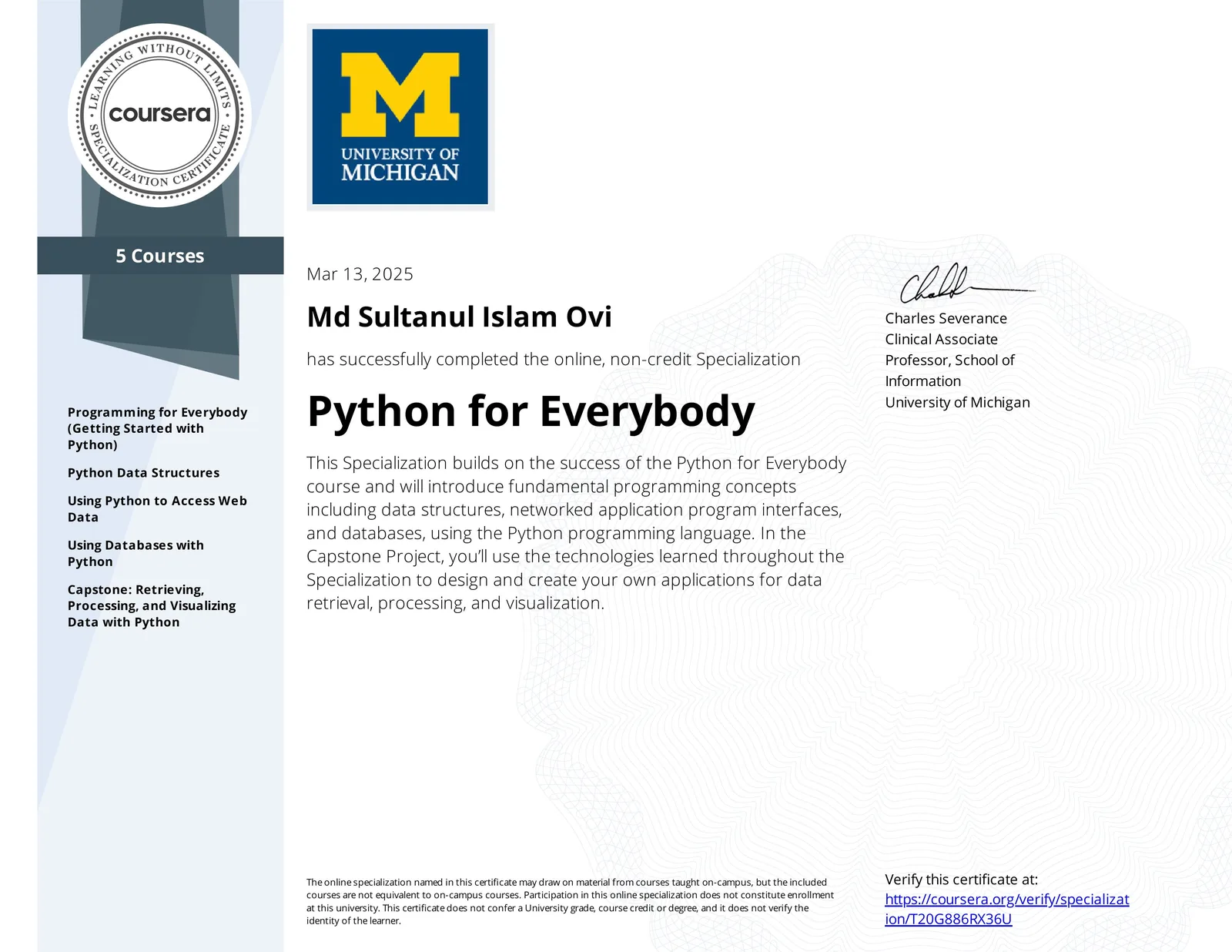 Python for Everybody Specialization certificate