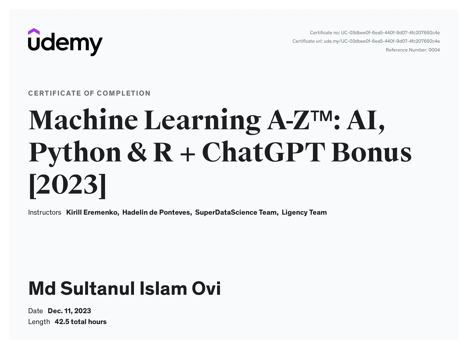 Machine Learning A-Z: AI, Python and R certificate